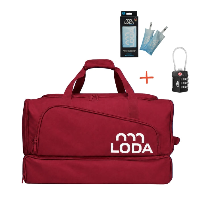 Das LODA-Sport-Set „LODA Team + Freshy + Schloss“ enthält eine rote Sporttasche, zwei Kühlakkus, ein Zahlenschloss zur Sicherheit, ein Duftkissen für Frische und wird in einer Markenverpackung geliefert.