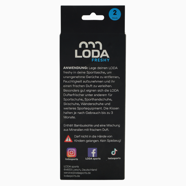 Rückseite der LODA sports LODA freshy (2x Duftkissen) Box mit deutscher Anleitung und Produktsymbolen - perfekt, um das Duftkissen als Dufterfrischer zu Ihrer Sporttasche hinzuzufügen.