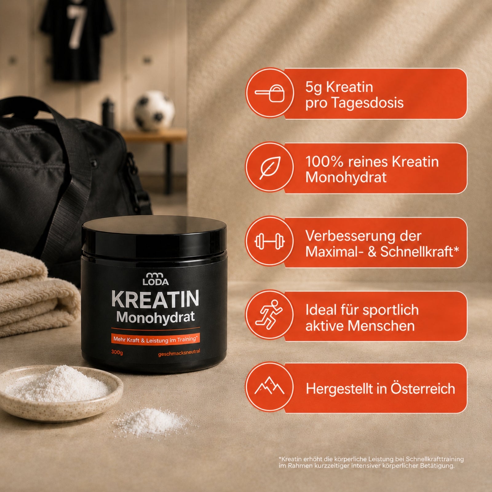 Ein Becher LODA Kreatin Monohydrat von LODA sports mit den wichtigsten Vorteilen des Produkts in einer warmen Umgebung eines Fitnessstudios.