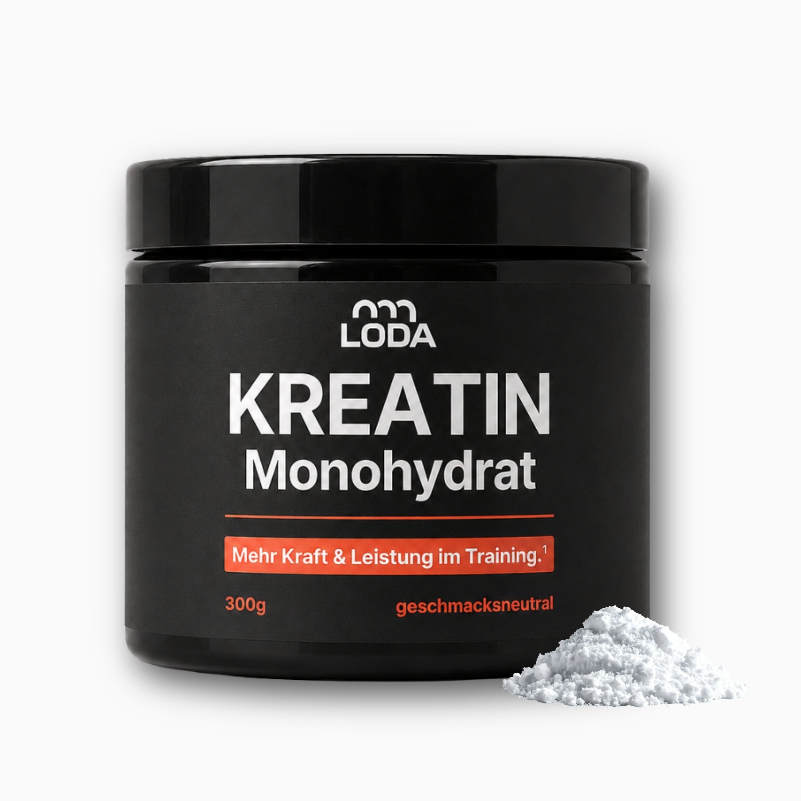Eine schwarze Dose mit der Aufschrift "LODA Kreatin Monohydrat" von LODA sports ist auf weißem Hintergrund abgebildet, daneben steht weißes Pulver.