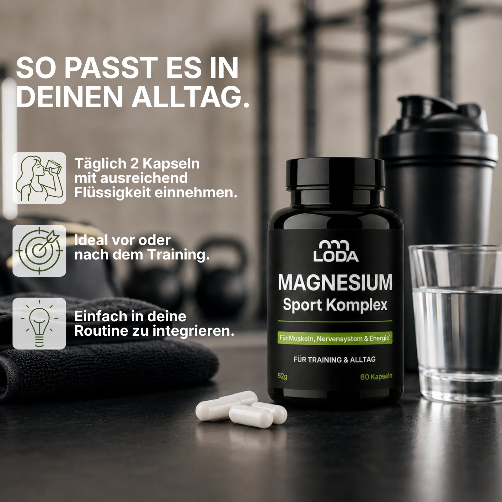 Eine Flasche LODA Magnesium Sport Komplex von LODA sports, zwei Kapseln, ein Shaker und ein Glas Wasser auf einem Tisch, mit Tipps zur Anwendung.