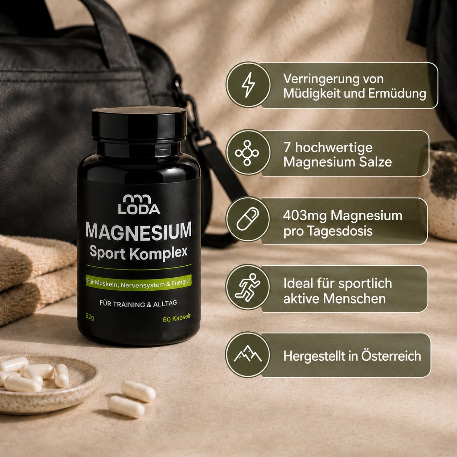 Abgebildet ist eine Flasche LODA sports Magnesium Sport Komplex Kapseln, neben der die wichtigsten Produktvorteile aufgeführt sind.