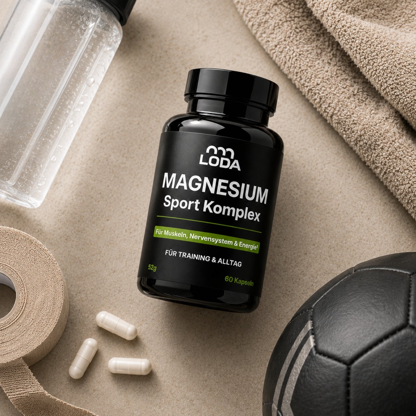 Eine Flasche LODA sports Magnesium Sport Komplex Kapseln liegt auf einem Handtuch, daneben liegen lose Kapseln, eine Wasserflasche und ein Fußball.