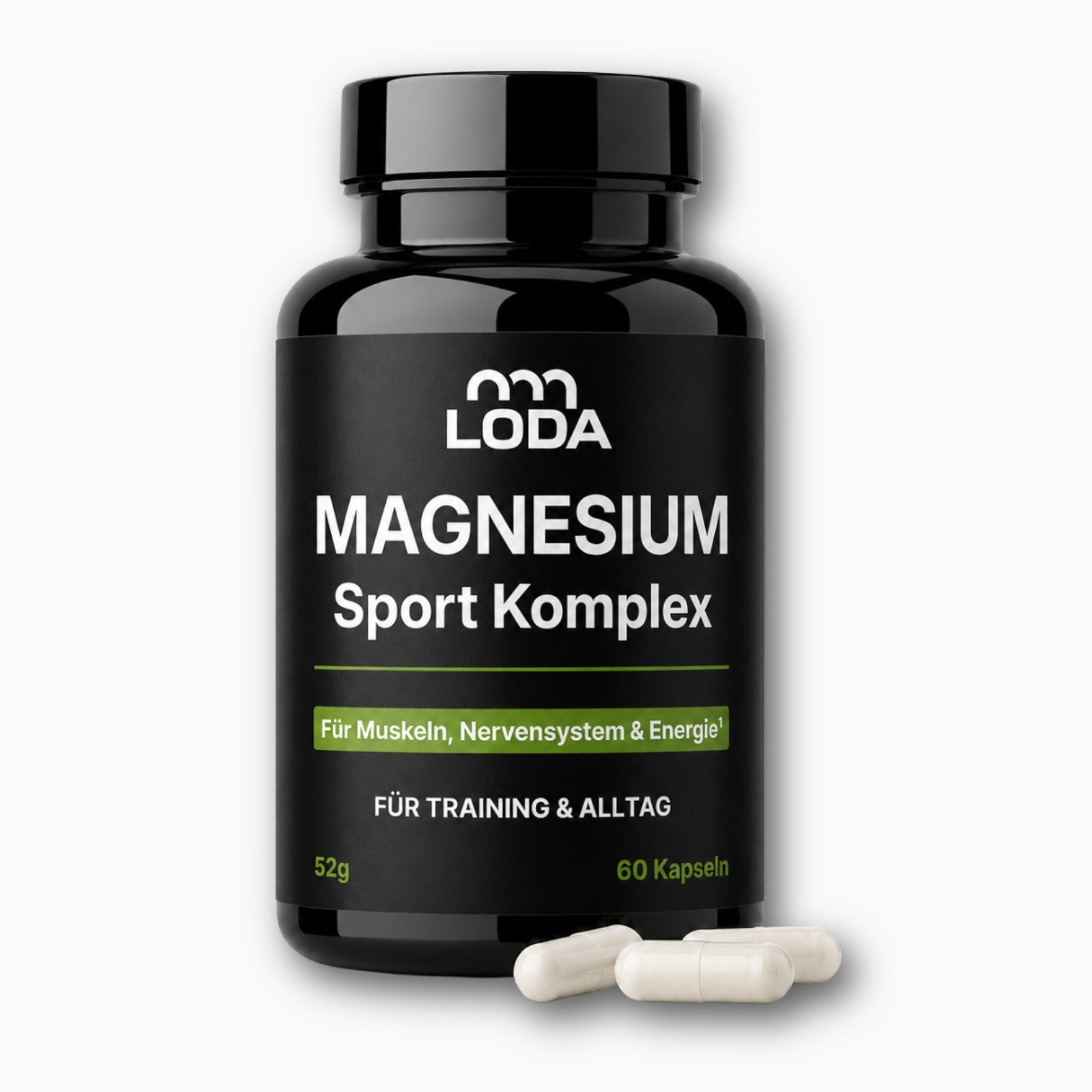 Eine schwarze Flasche mit der Aufschrift LODA Magnesium Sport Komplex von LODA sports mit zwei weißen Kapseln davor, vor einem weißen Hintergrund.