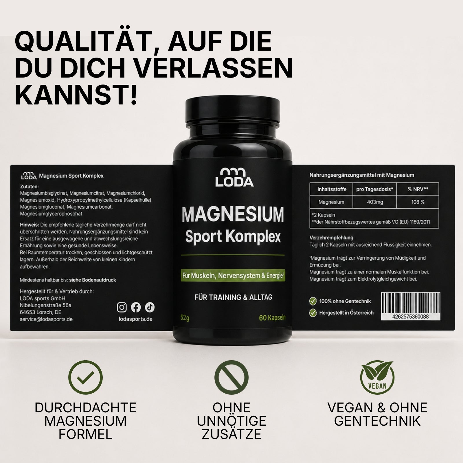 Schwarze Flasche LODA Magnesium Sport Komplex von LODA sports, mit Angaben zu den Inhaltsstoffen und den Vorteilen in deutscher Sprache.