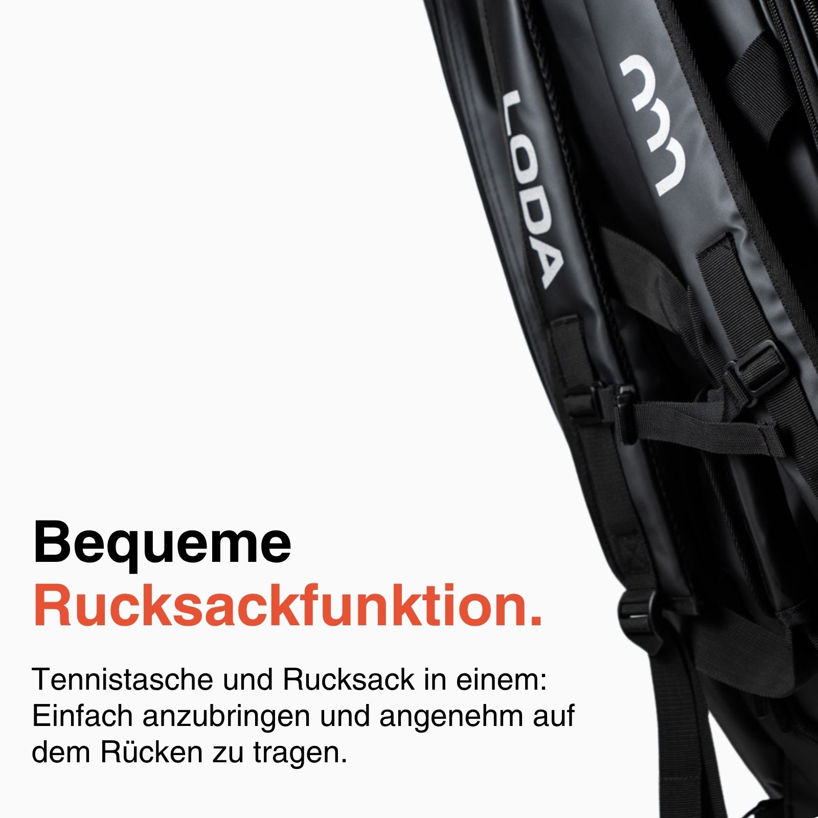 Die LODA Racket Pro von LODA sports ist eine schwarze Tennistasche mit Rucksackfunktion und weißem Logo - perfekt für den Transport deiner Tennisschläger.