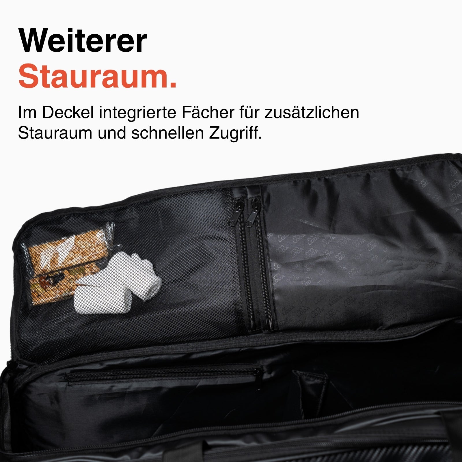 Die LODA sports LODA Racket Pro Tennistasche kommt in schwarz mit Netztaschen im Deckel für kleine Gegenstände, deutschem Text, der zusätzlichen Stauraum hervorhebt, und verfügt über Rucksackfunktion für einfaches Tragen.