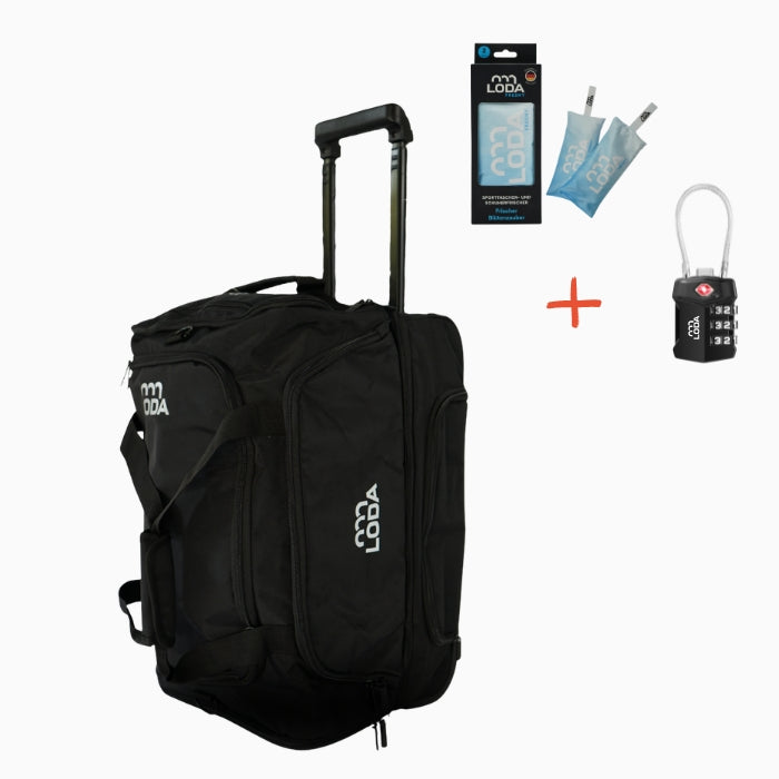 Der LODA Sports LODA Trolley 50L wird mit zwei Freshy-Reisetaschen und einem kleinen Schloss für zusätzliche Sicherheit geliefert.