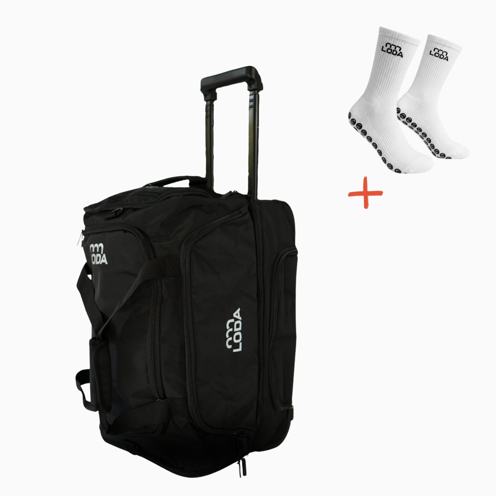 LODA Sports: Der LODA-Trolley 50L und die Performance-Socken werden gemeinsam abgebildet und sind mit dem Markenlogo versehen.