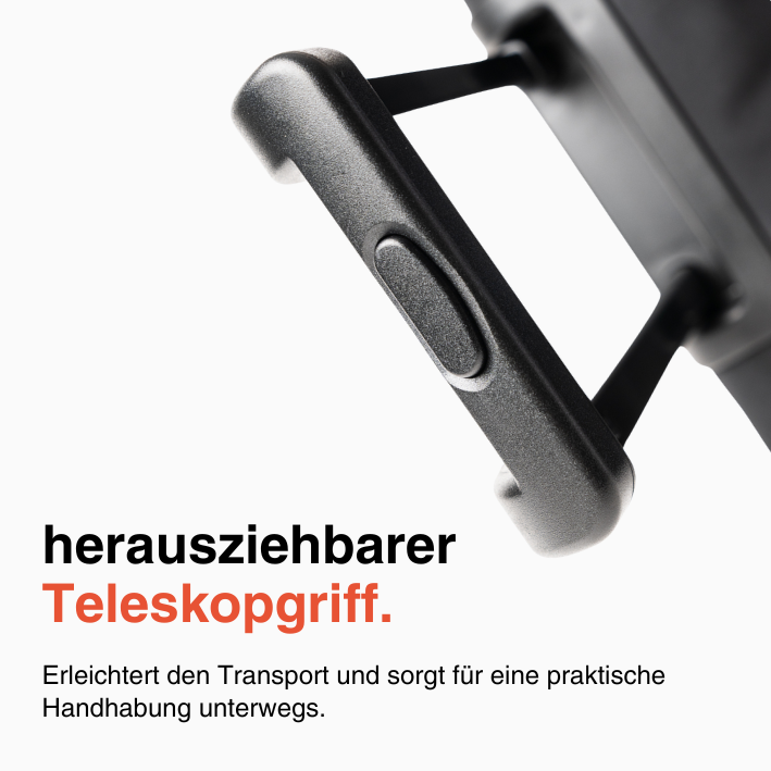 Nahaufnahme eines ausgezogenen Teleskopgriffs an einem schwarzen LODA trolley 75L von LODA sports - perfekter Koffer für Sportreisen mit 75L Volumen.