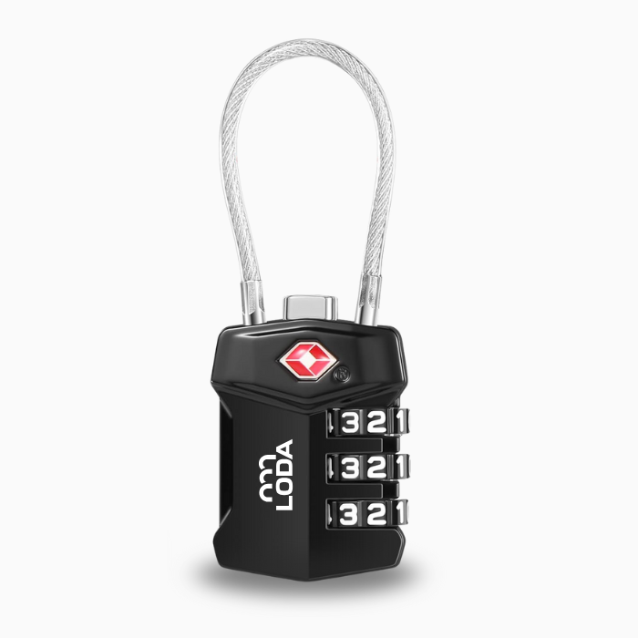 Das LODA Zahlenschloss von LODA sports ist ein schwarzes Zahlenschloss mit flexiblem Kabel, Code 3-2-1 - ideal für Sporttaschen oder zur Sicherung von Wertsachen. Mit dem LODA-Logo.