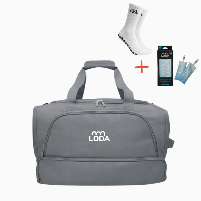 LODA-Sport-Komplettpaket: Reisetasche, weiße Socken, 2 blaue Griffpolster (siehe Abbildung oben).