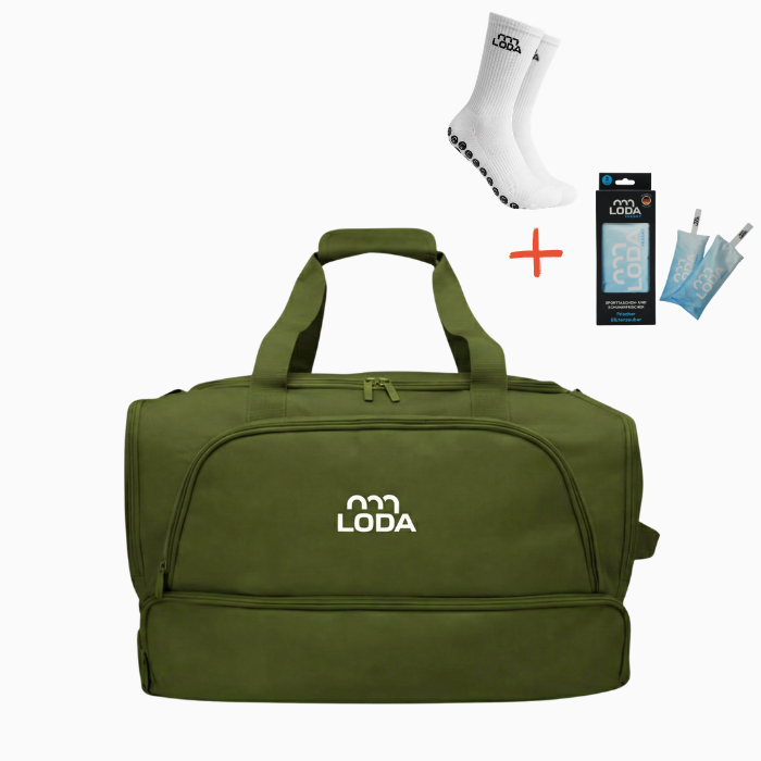 LODA Sports „Active Season Sale“-Paket: kompakte Reisetasche, Anti-Rutsch-Socken, Schweißbeutel.