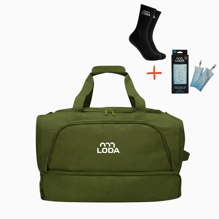 LODA Sports Compact – „Active Season“-Sonderangebot-Set: olivgrüne Reisetasche, schwarze Socken, Geruchsbeutel.