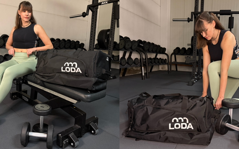 Zwei Bilder einer Frau in einem Fitnessstudio mit einem großen schwarzen LODA-Seesack und Trainingsgeräten um sie herum.
