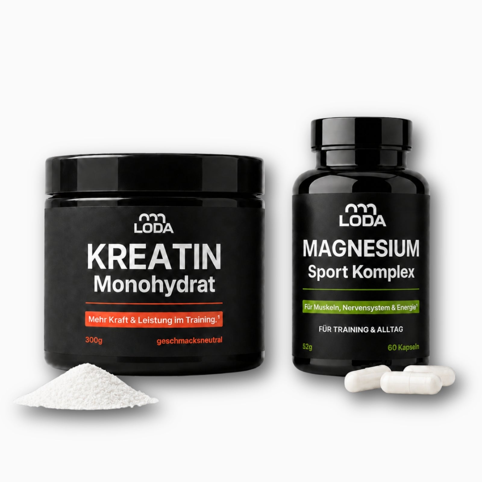 Zwei schwarze Behälter von LODA sports: LODA Kreatin + Magnesium, mit weißem Pulver und Kapseln.