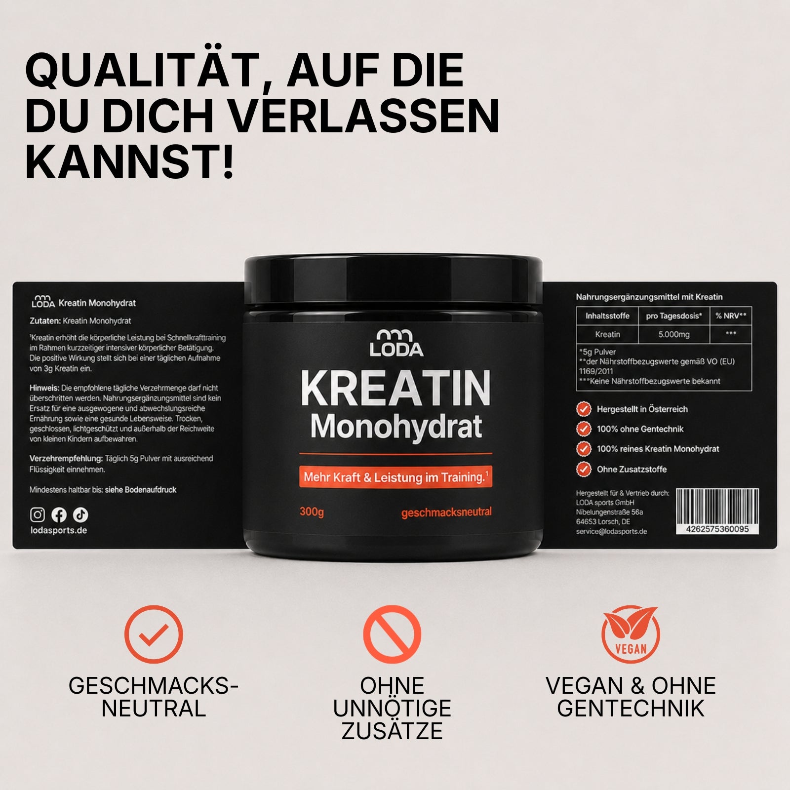 Dose LODA sports Kreatin Monohydrat mit Symbolen für neutralen Geschmack, ohne Zusatzstoffe und vegan.