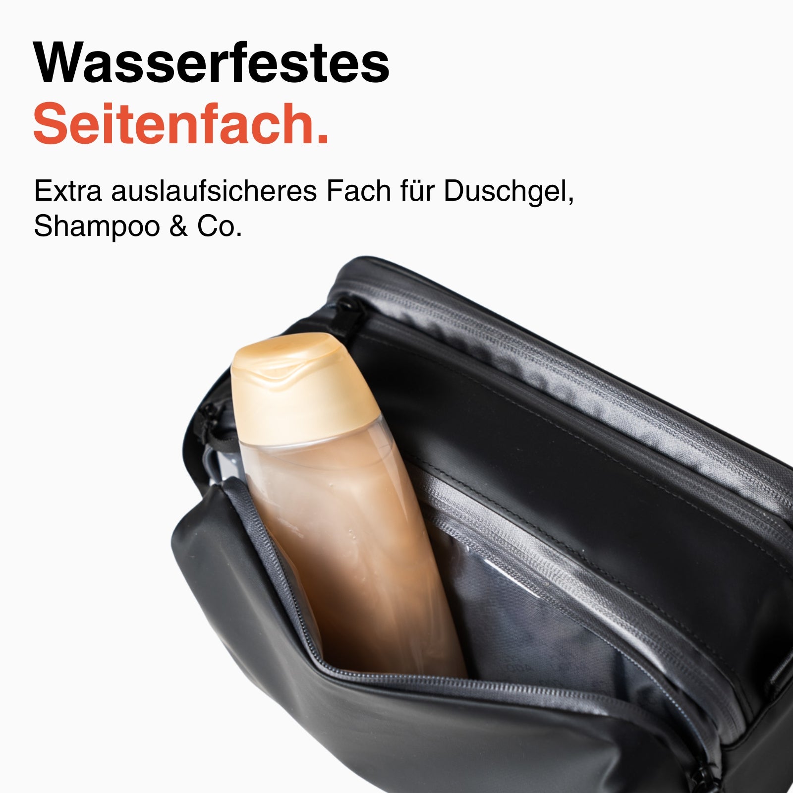 Der LODA Kulturbeutel von LODA sports enthält eine Flasche und verfügt über ein wasserdichtes Seitenfach für Duschgel und Shampoo.