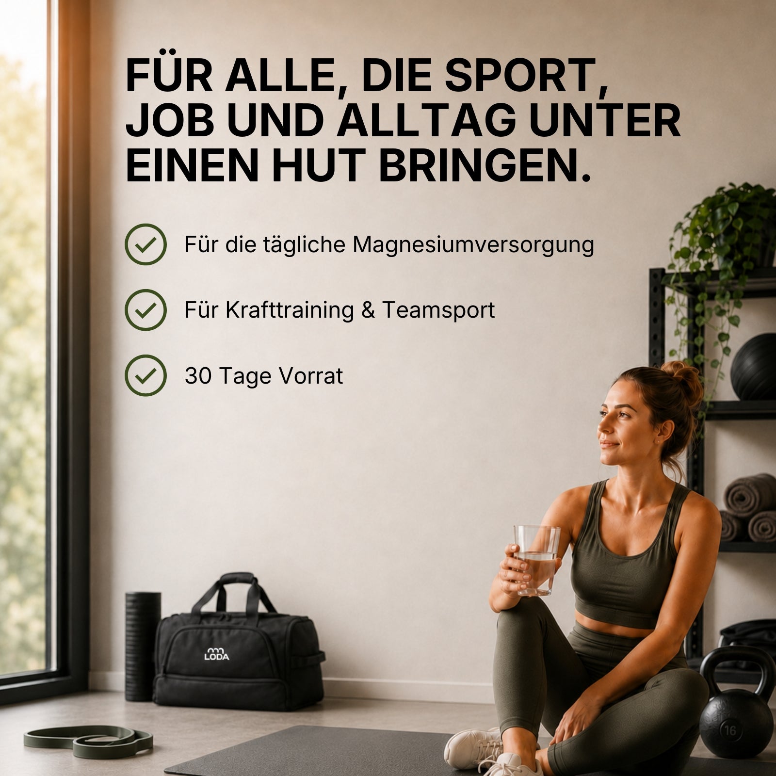 Junge Frau in Sportkleidung sitzt mit einem Getränk auf einer Matte, daneben LODA Magnesium Sport Komplex von LODA sports, ringsherum Fitnessgeräte, darüber ein Text in Deutsch.