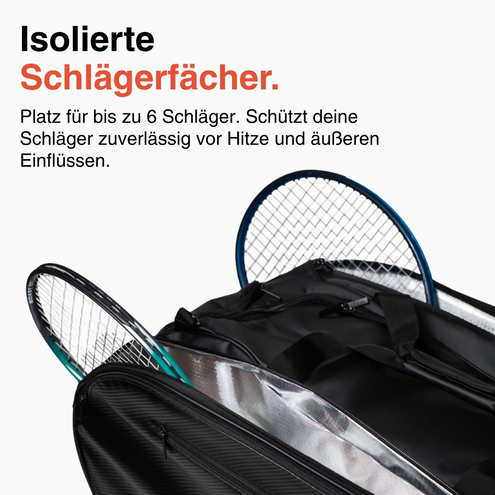 Die LODA sports LODA Racket Pro ist eine schwarze Tennistasche mit zwei Tennisschlägern in isolierten Fächern, mit deutschem Text über Aufbewahrungsmöglichkeiten und einer praktischen Rucksackfunktion.