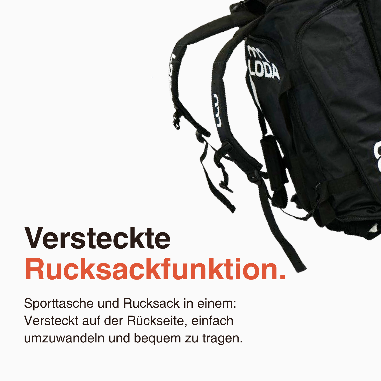 Der LODA sports LODA trolley 75L ist eine schwarze Sporttasche mit versteckten Rucksackriemen (Rucksackfunktion), teilweise abgebildet, und deutschem Text, der sein 75L Volumen und die praktische Rucksackfunktion hervorhebt.