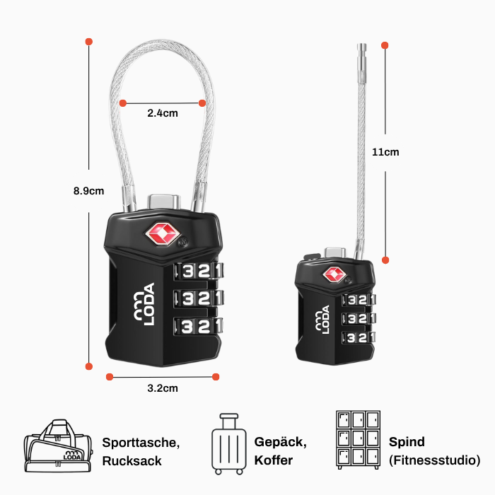 Zwei schwarze LODA Sport-Zahlenschlösser mit Mess-, Reise- und Turnhallenschrank-Symbolen mit deutscher Beschriftung. Perfekt für den Sporttaschen-Einsatz und optimalen Wertsachen-Schutz.