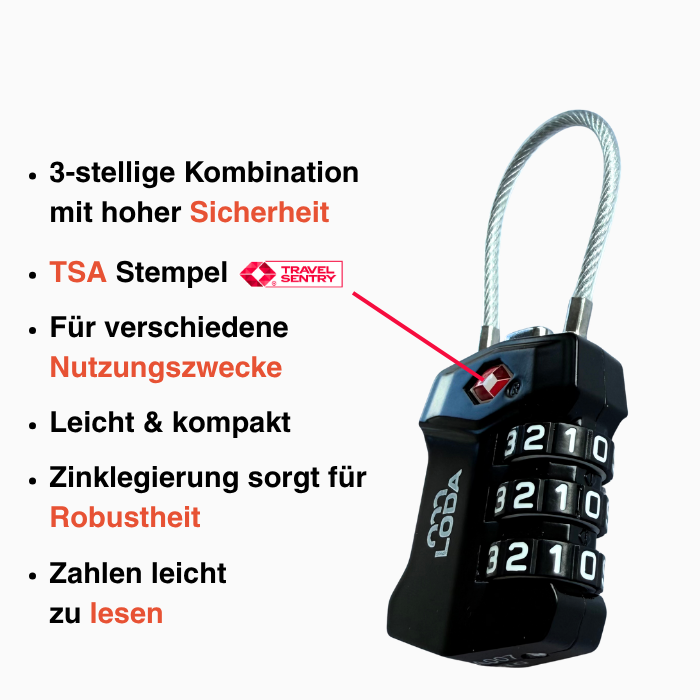 Das LODA sports LODA Zahlenschloss ist ein schwarzes Zahlenschloss mit Kabel-TSA-geprüft, kompakt, leicht ablesbare Zahlen und perfekt für Ihre Sporttasche, um Wertsachen geschützt zu halten.