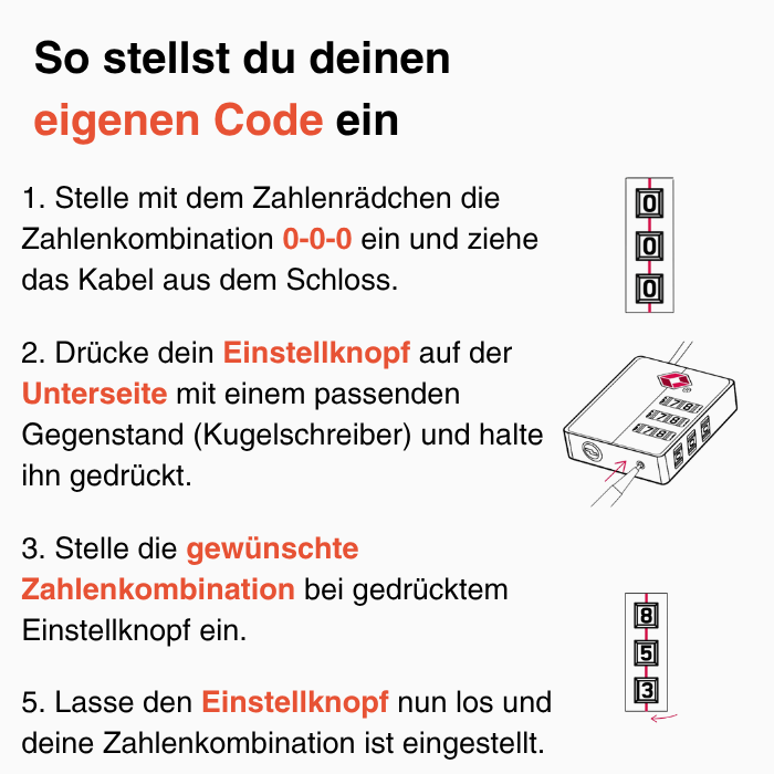 Anleitung zum Einstellen des LODA Zahlenschloss-Codes Ihrer LODA sports-Tasche - anschauliche Grafiken und klare Erklärungen für optimalen Diebstahlschutz.