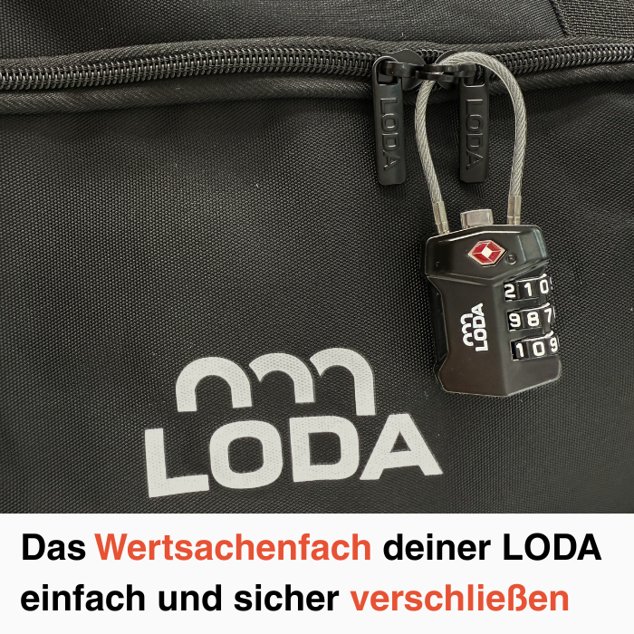 Die LODA sports LODA Zahlenschloss-Sporttasche in Schwarz mit Zahlenschloss am Reißverschluss schützt Wertsachen und sorgt für sicheres Verschließen von Wertgegenständen.